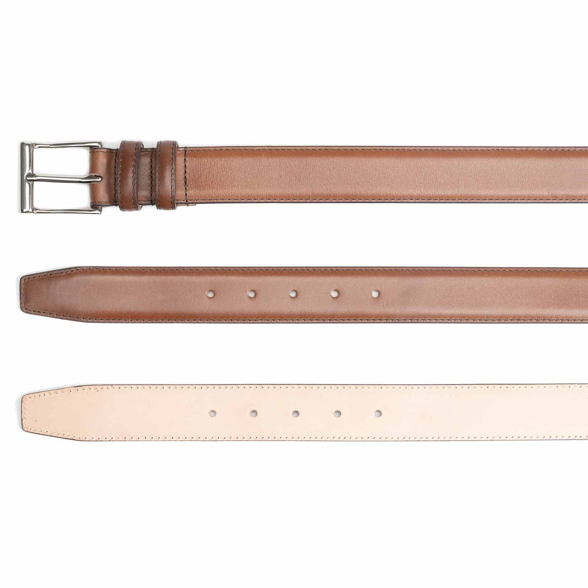 Meermin cognac naturcalf belt, three-view comparison showing buckle end, punched adjustment holes, and natural flesh-side leather back