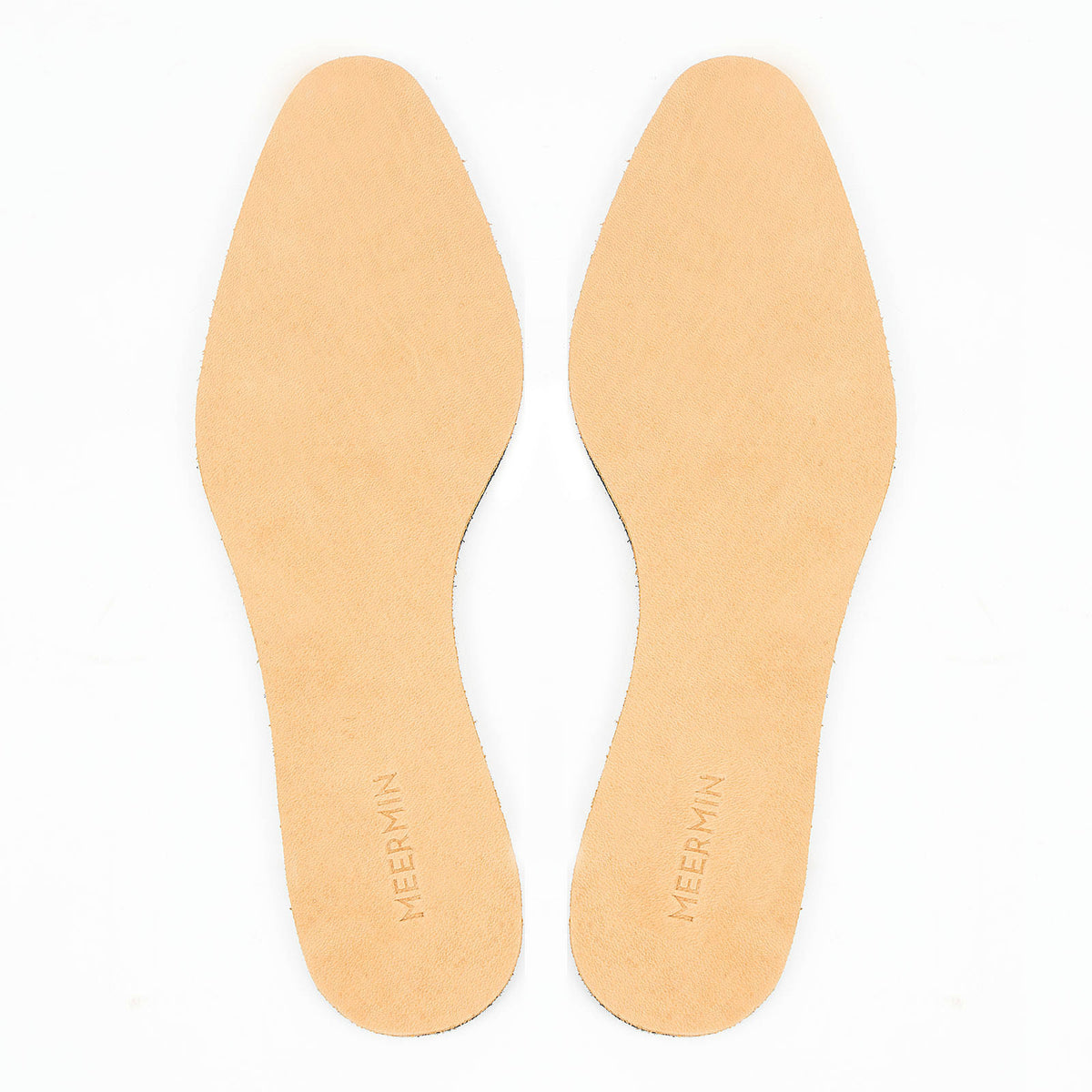 Meermin full grain calf insoles, top-down view of the pair showing beige leather surface and embossed branding