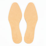 Meermin full grain calf insoles, top-down pair view showing beige leather surface with embossed brand mark at heel