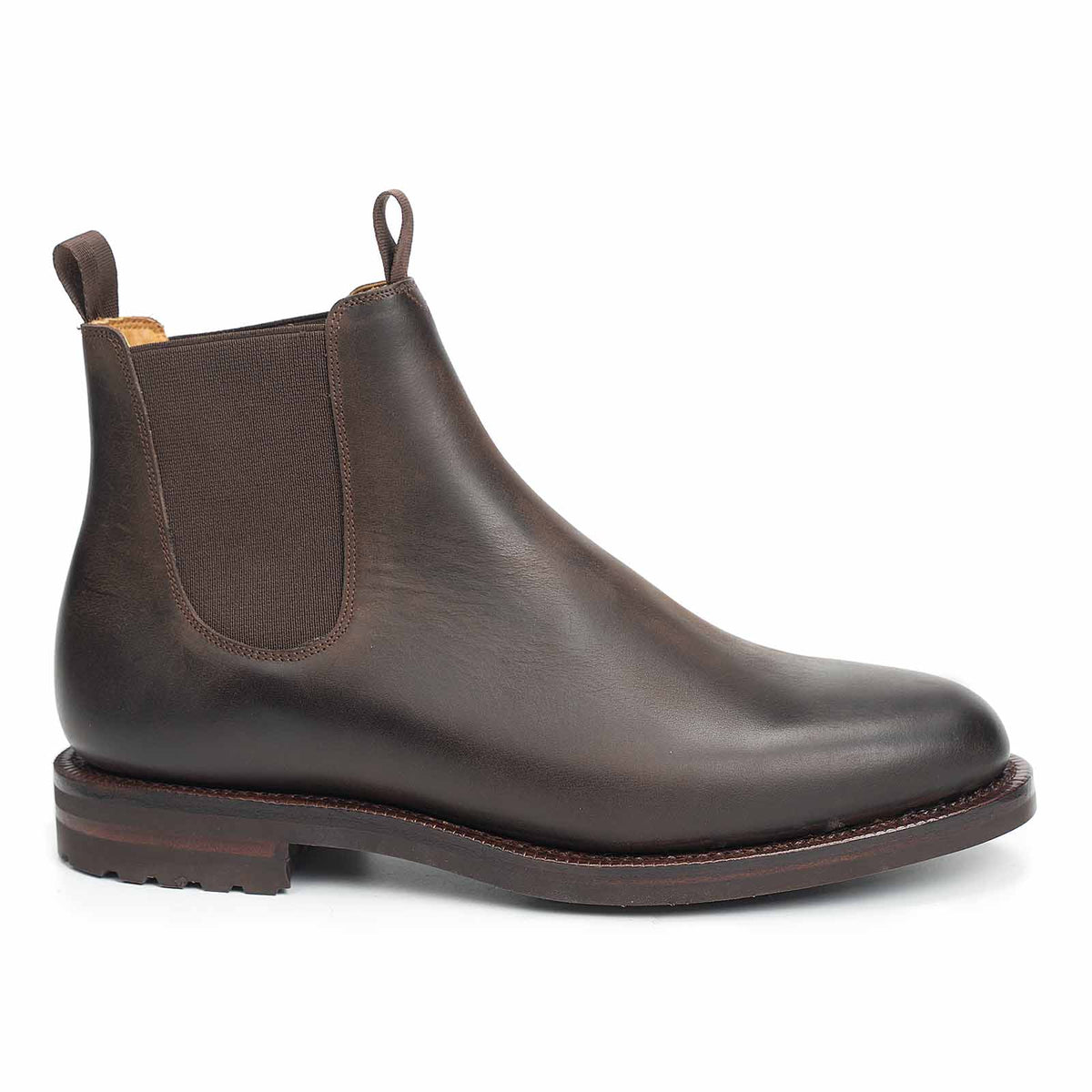 Meermin brown waxy calf wholecut Chelsea boot, side profile view showing elastic gusset and lug outsole