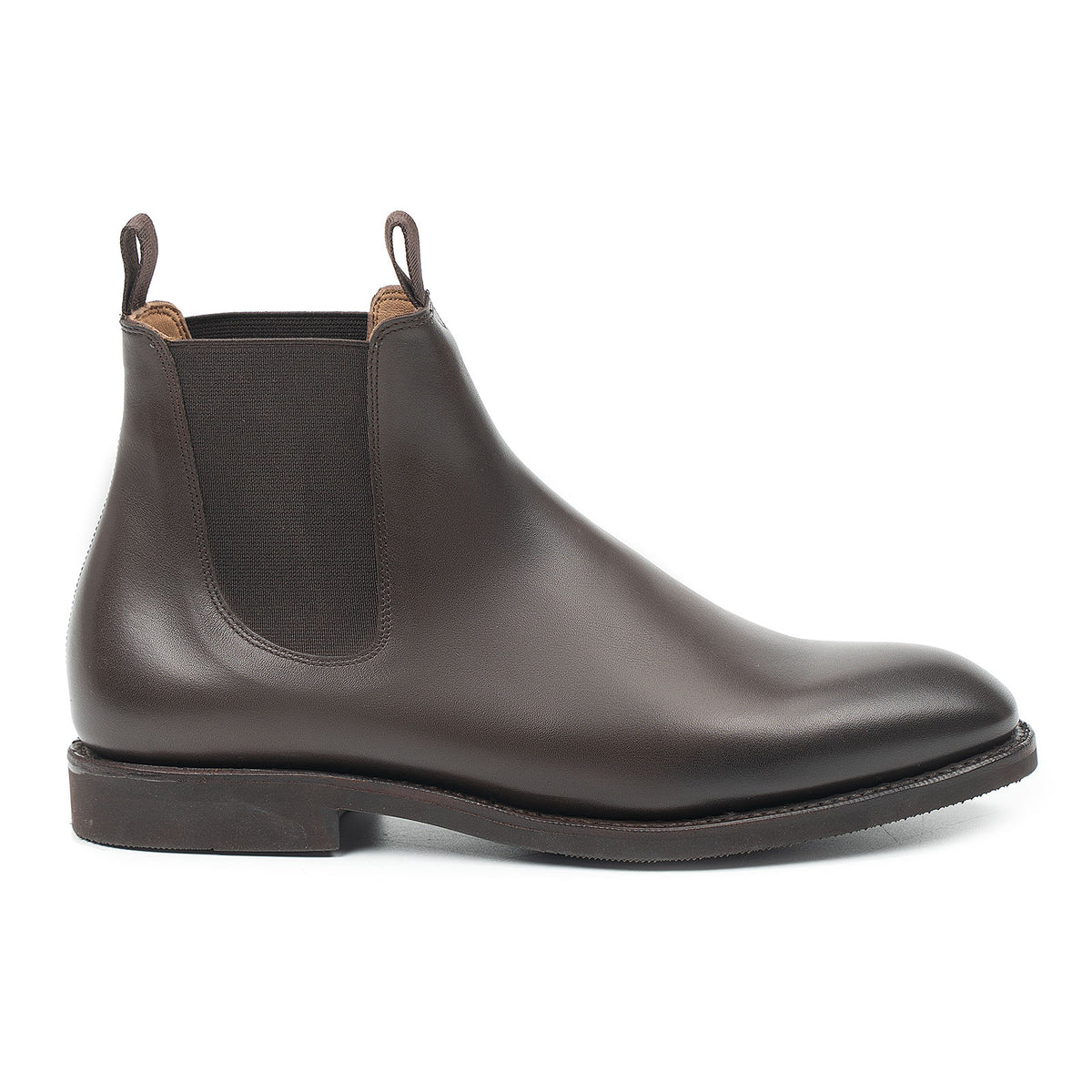 Meermin brown silkcalf Chelsea boot, side profile view showing elastic gusset panel, pull tab, and diamond latex rubber sole
