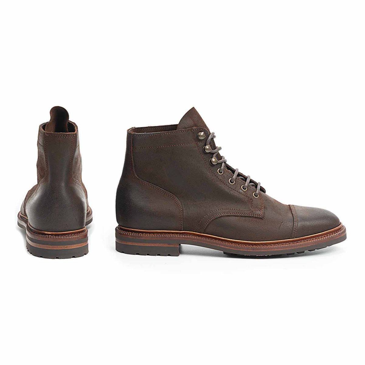 Meermin rust waxy commander cap-toe boots, side profile and rear heel view showing lugged sole and lace-up shaft