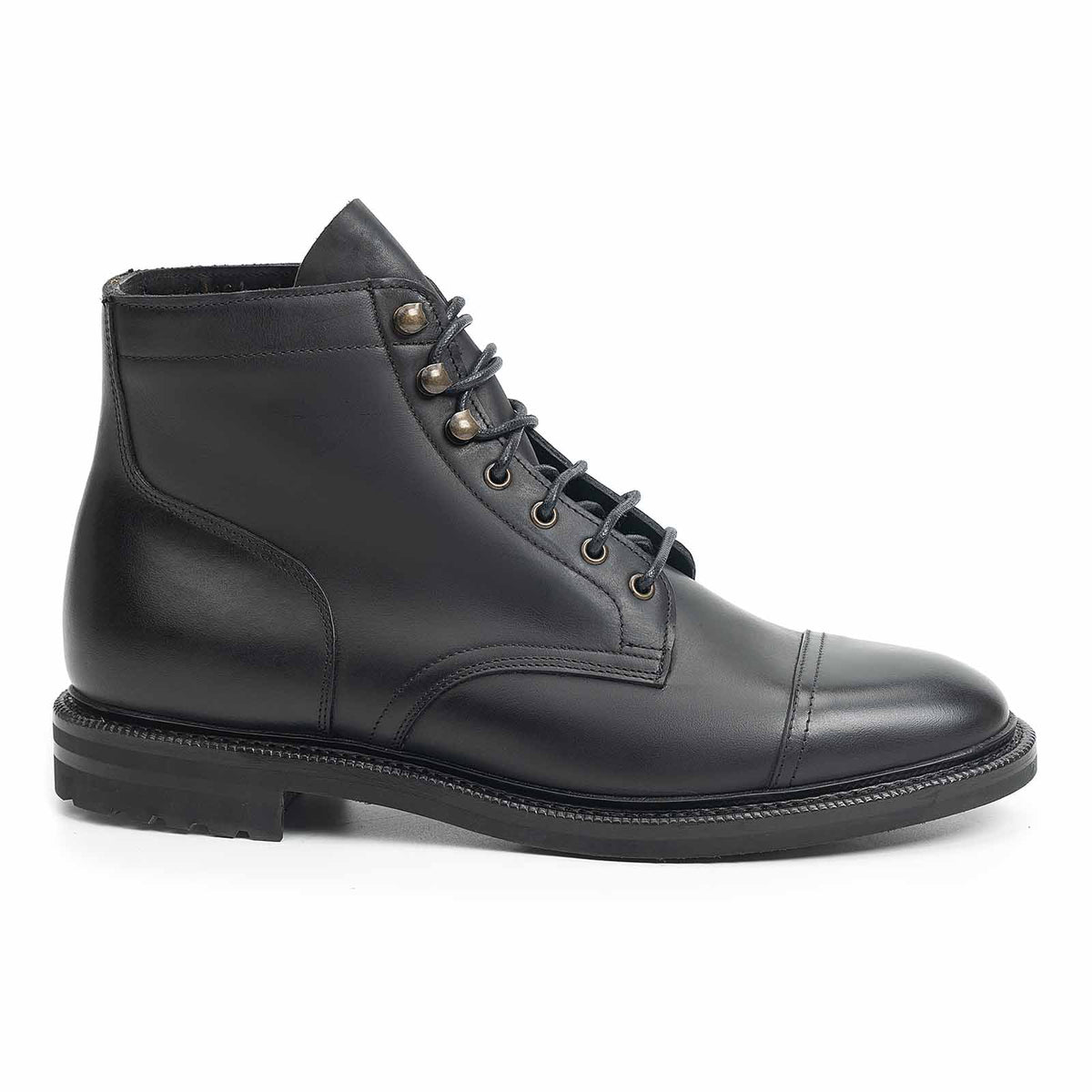 Meermin black waxy calf cap-toe boot, side profile view showing lace-up front and cleated sole