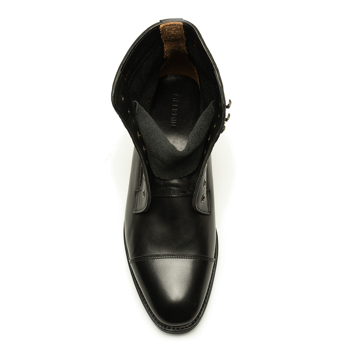 Meermin black boxcalf cap-toe boot, top-down view showing open shaft, softcalf lining, and eyelet detailing