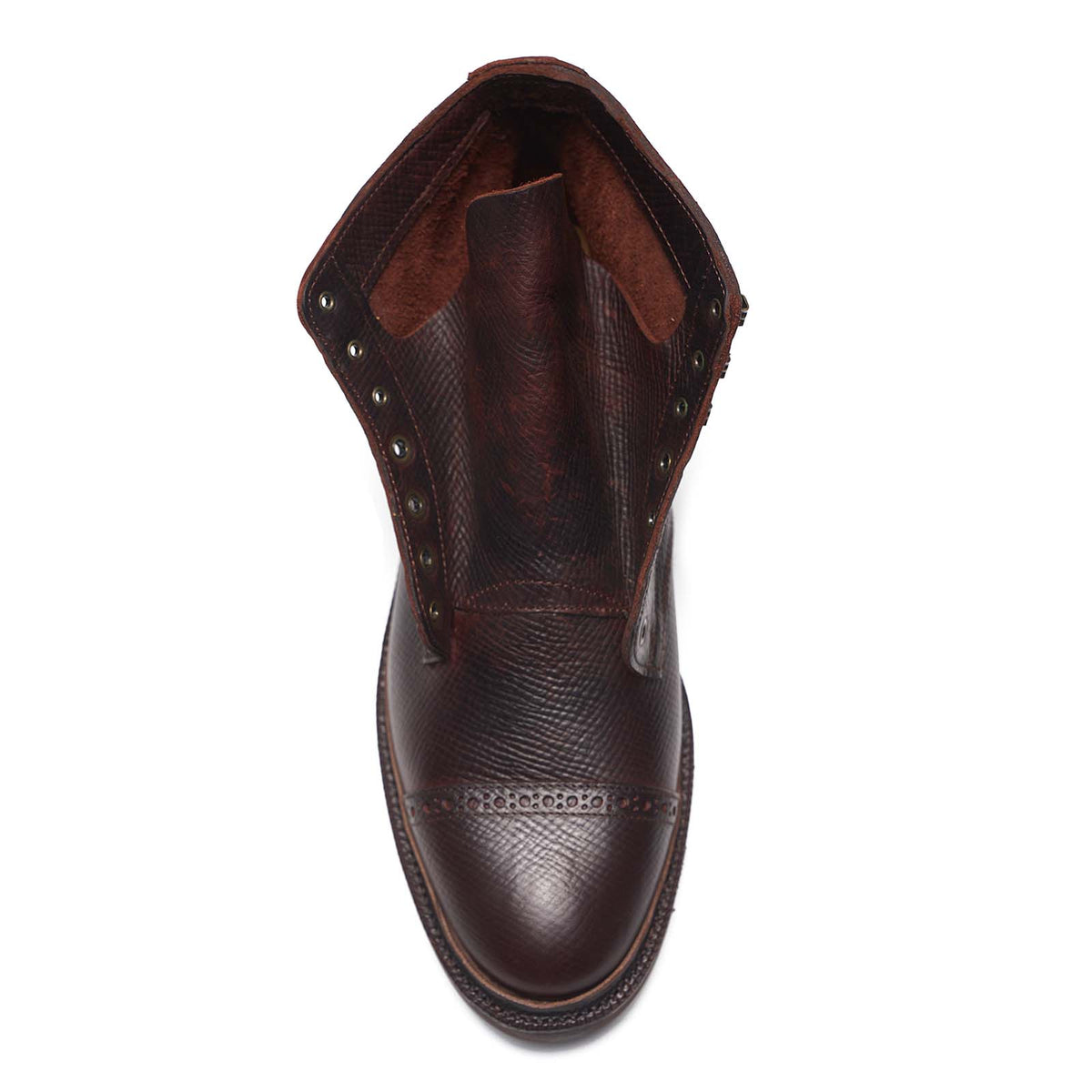 Meermin Polo oiled crossboard boot, top-down view showing open bellows tongue and cap-toe brogue detailing