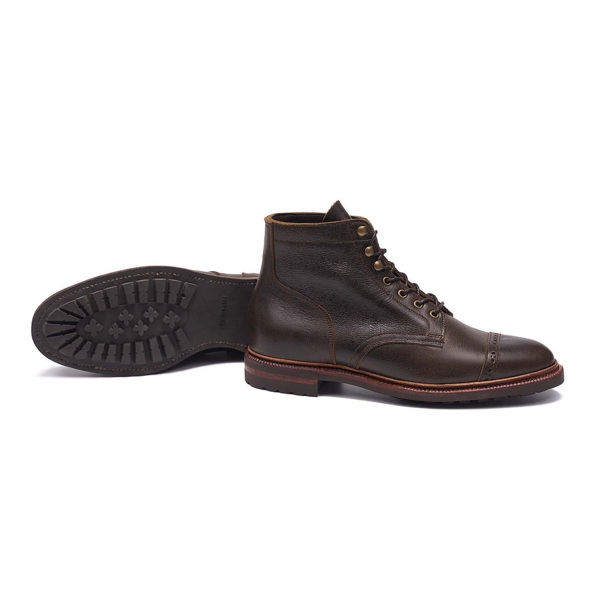 Meermin caper green Naked Kudu cap-toe boot, side profile with matching sole shown, paired with an upright partner boot