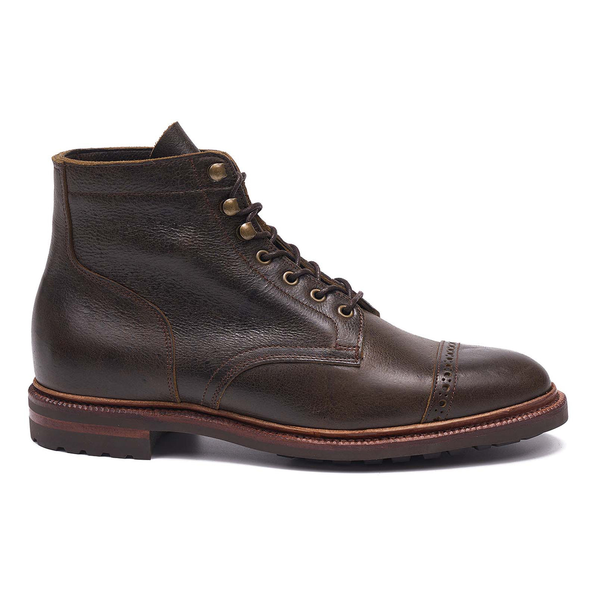 Meermin caper green naked kudu cap-toe boot, side profile showing brogue toe detail, lace-up front, and stacked leather sole