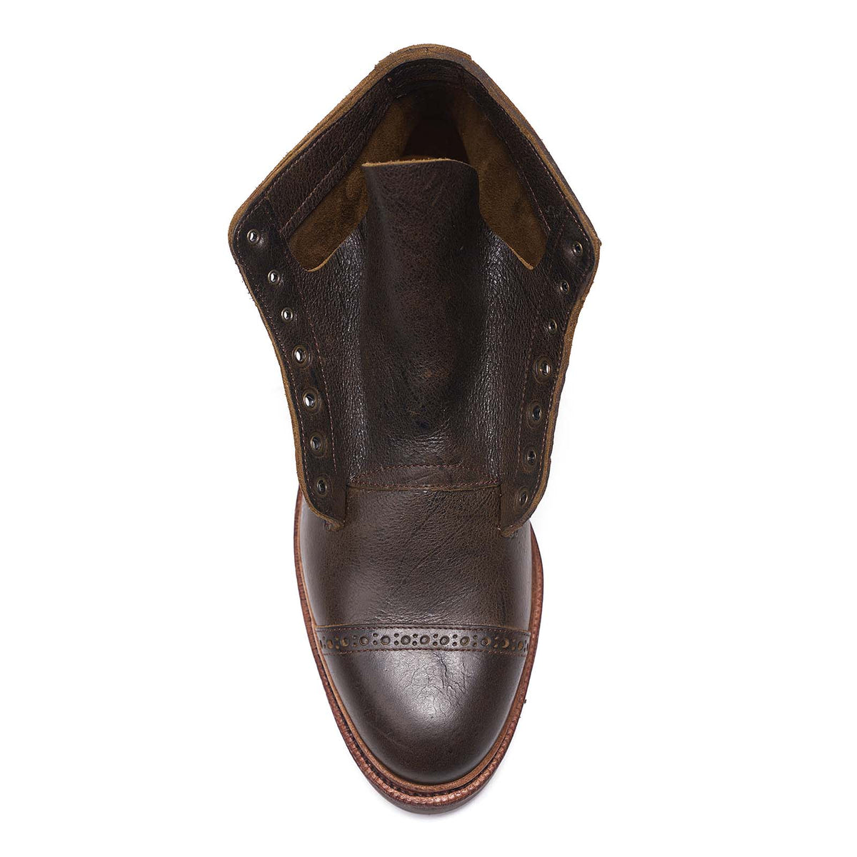 Meermin Caper Green Naked Kudu boot, top-down view showing cap-toe brogue detailing, open bellows tongue and lace eyelets